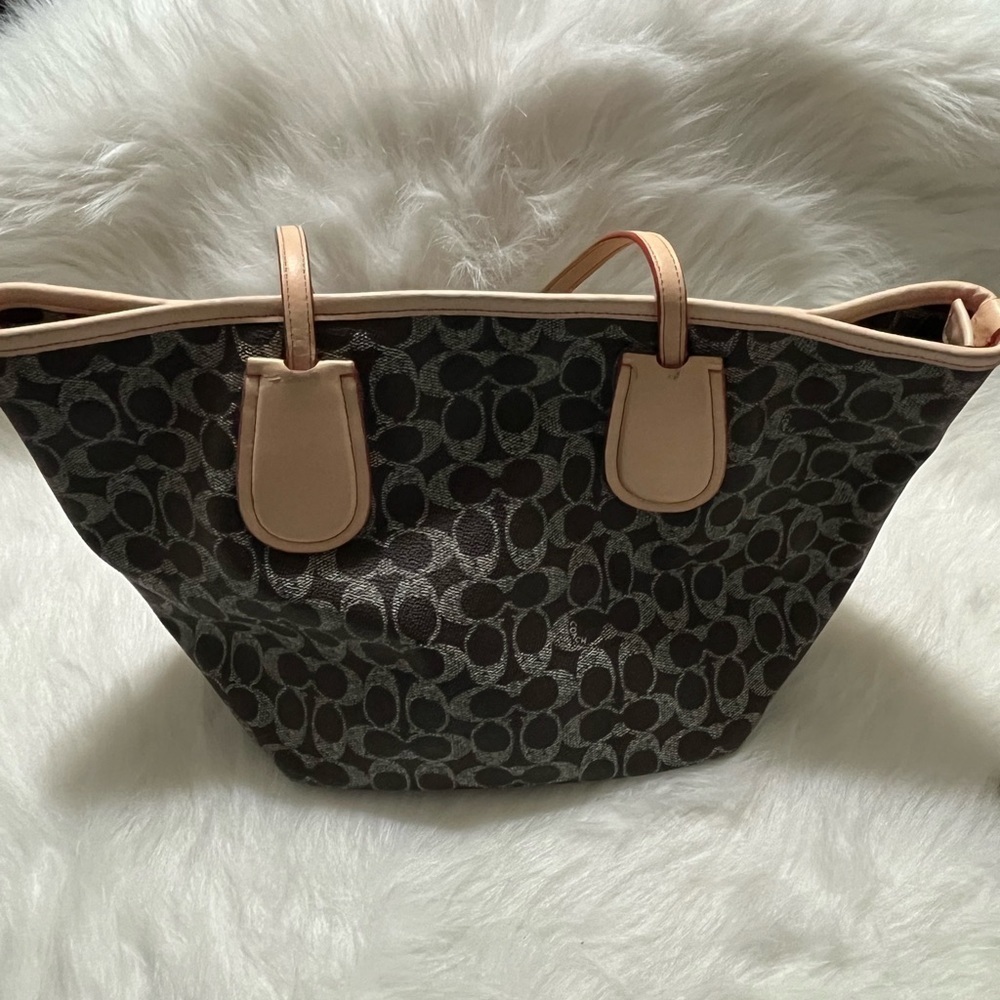 Coach Taxi Tote Bag Brown Signature Logo Canvas w/ Leather Trim- With Dust Bag - Picture 3 of 5